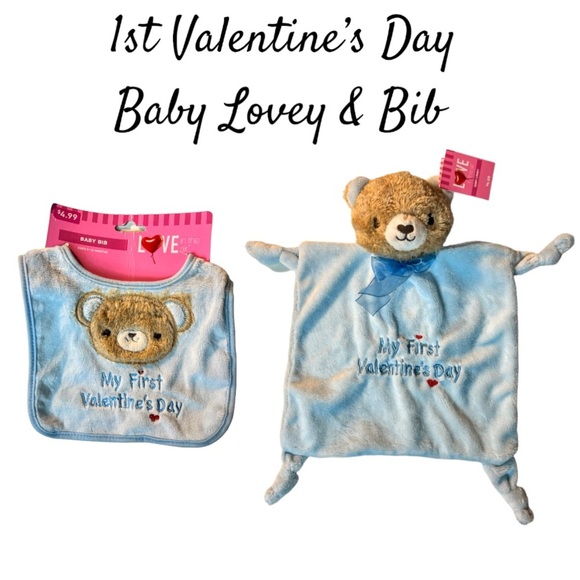 NWT 2 PC Set - Love Is In The Air - Baby Bear Bib & Bear Lovey, Blue or Pink - Picture 2 of 16